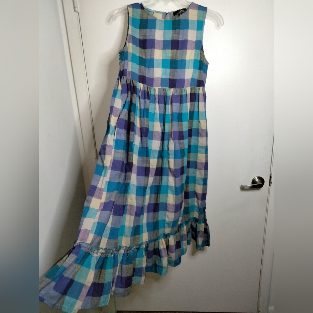 Suzanne Betro (Size M) Blue & Purple Plaid Cotton Sleeveless Ruffle Hem Dress